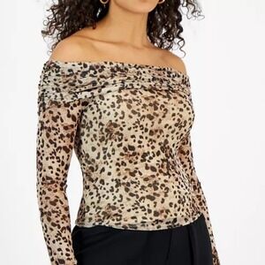 Bar III Womens Medium Carly Cheetah‎ Printed Off The Shoulder Mesh Top Mobwife